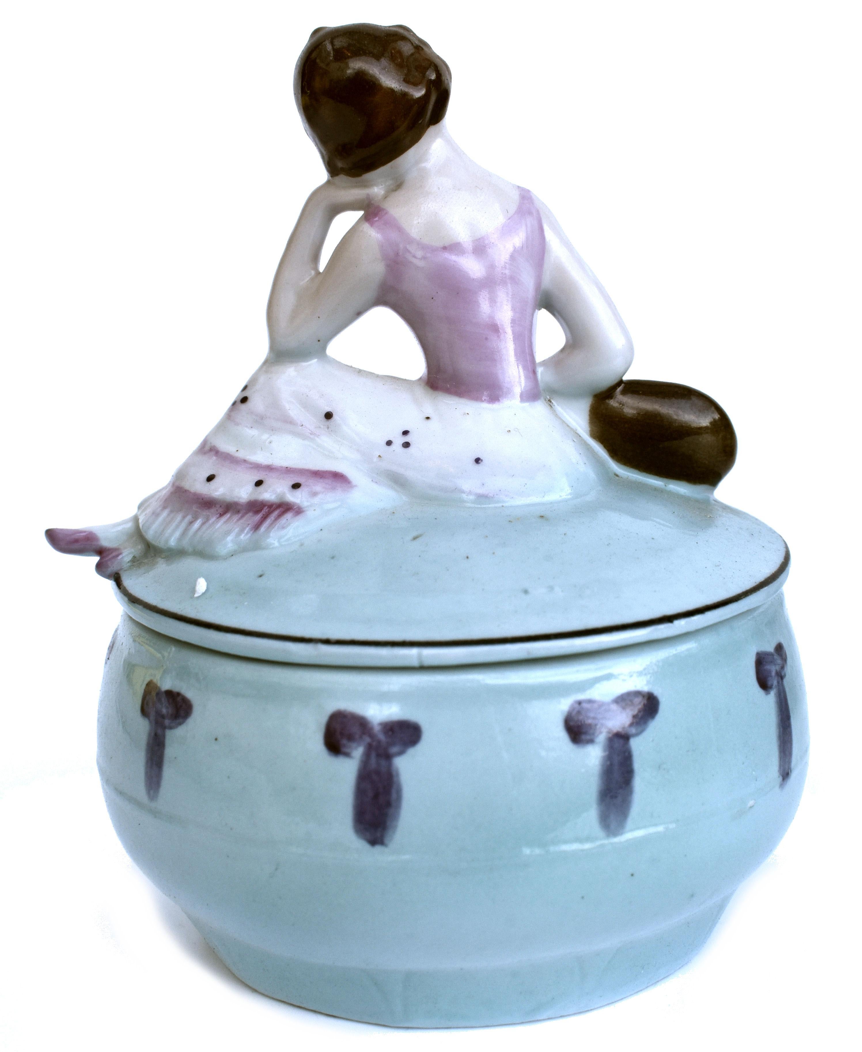 Porcelain Art Deco Half Doll Flapper Girl Powder Jar, German, c1930 For Sale