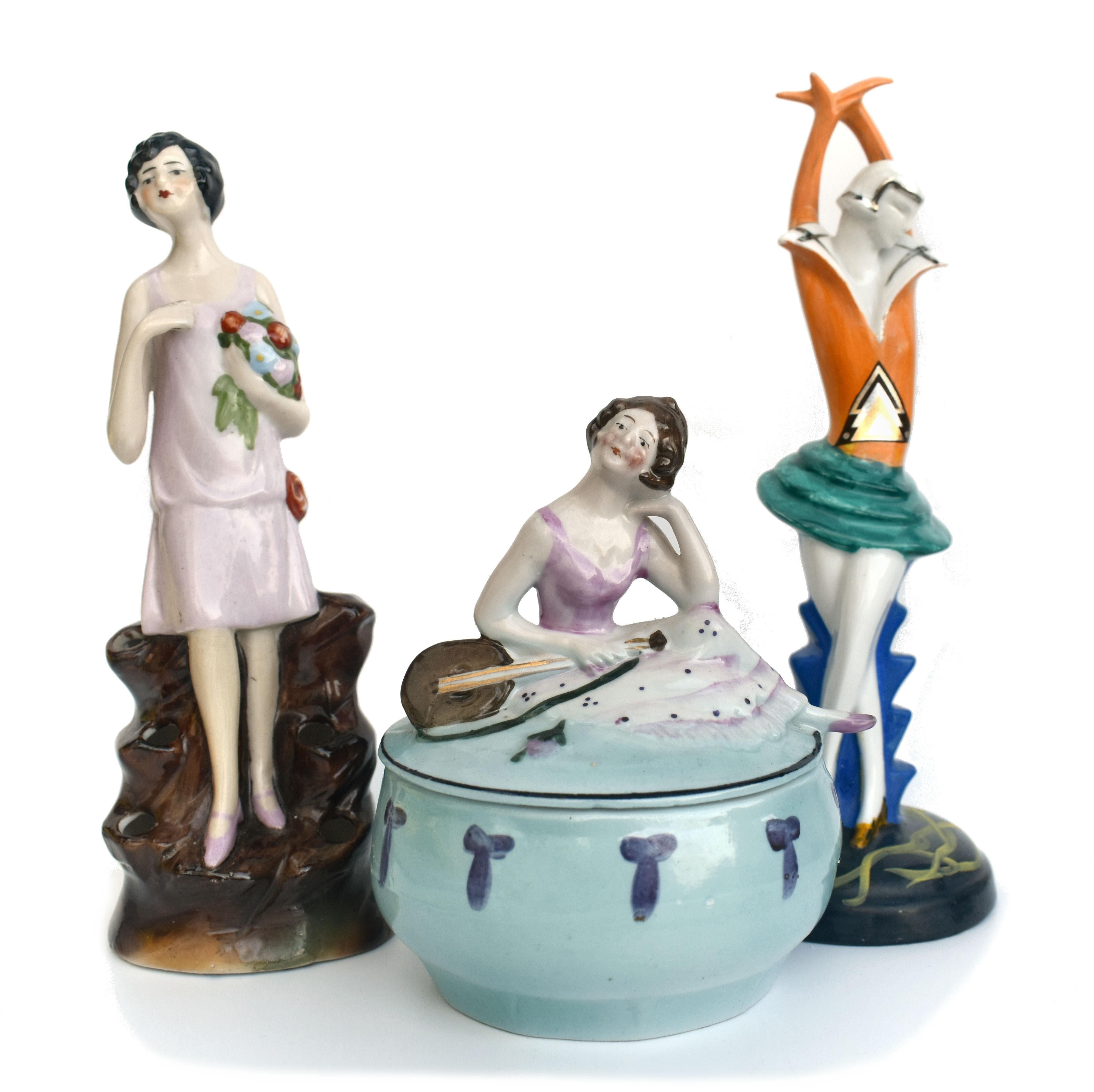 Art Deco Half Doll Flapper Girl Powder Jar, German, c1930 For Sale 3
