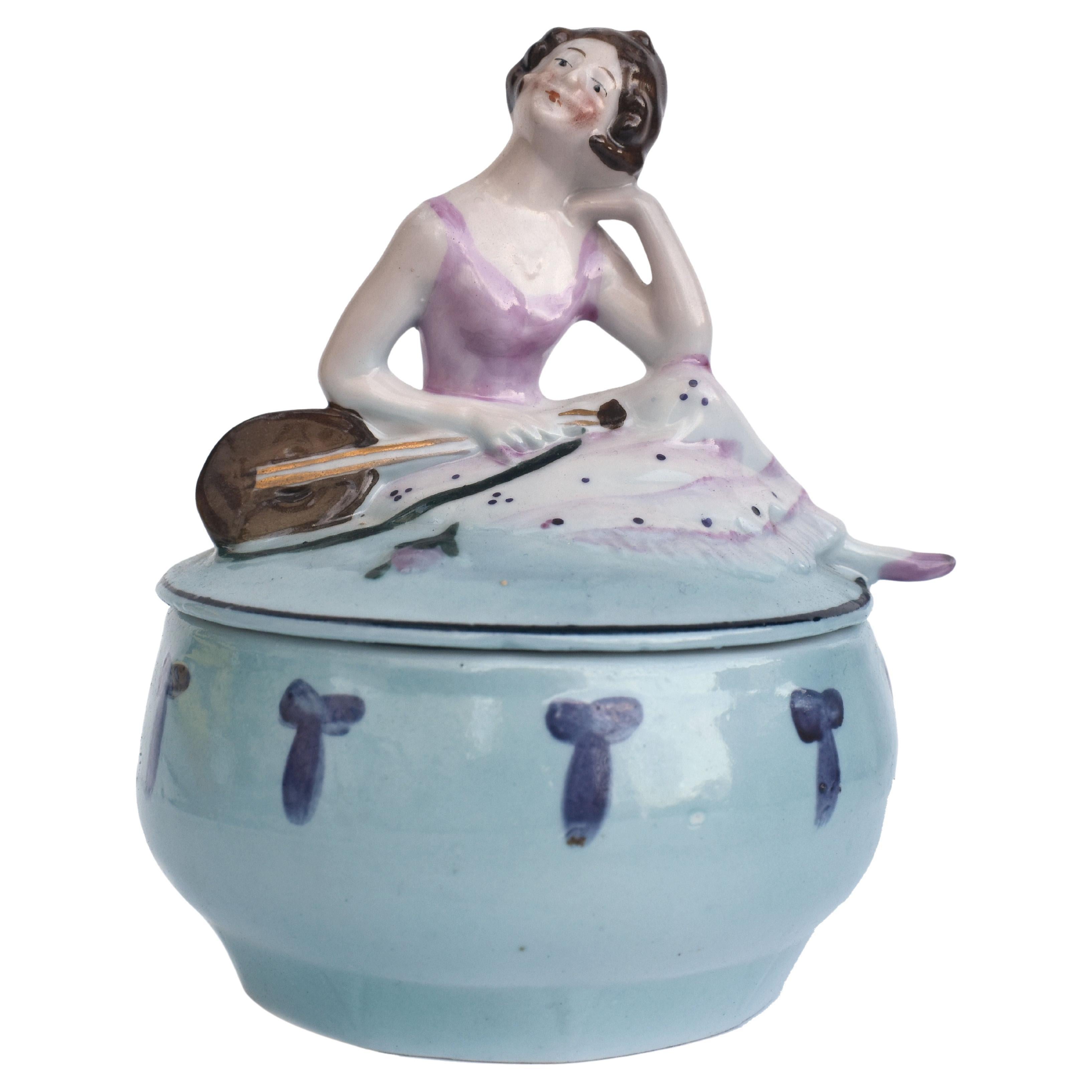 Art Deco Half Doll Flapper Girl Powder Jar, German, c1930 For Sale