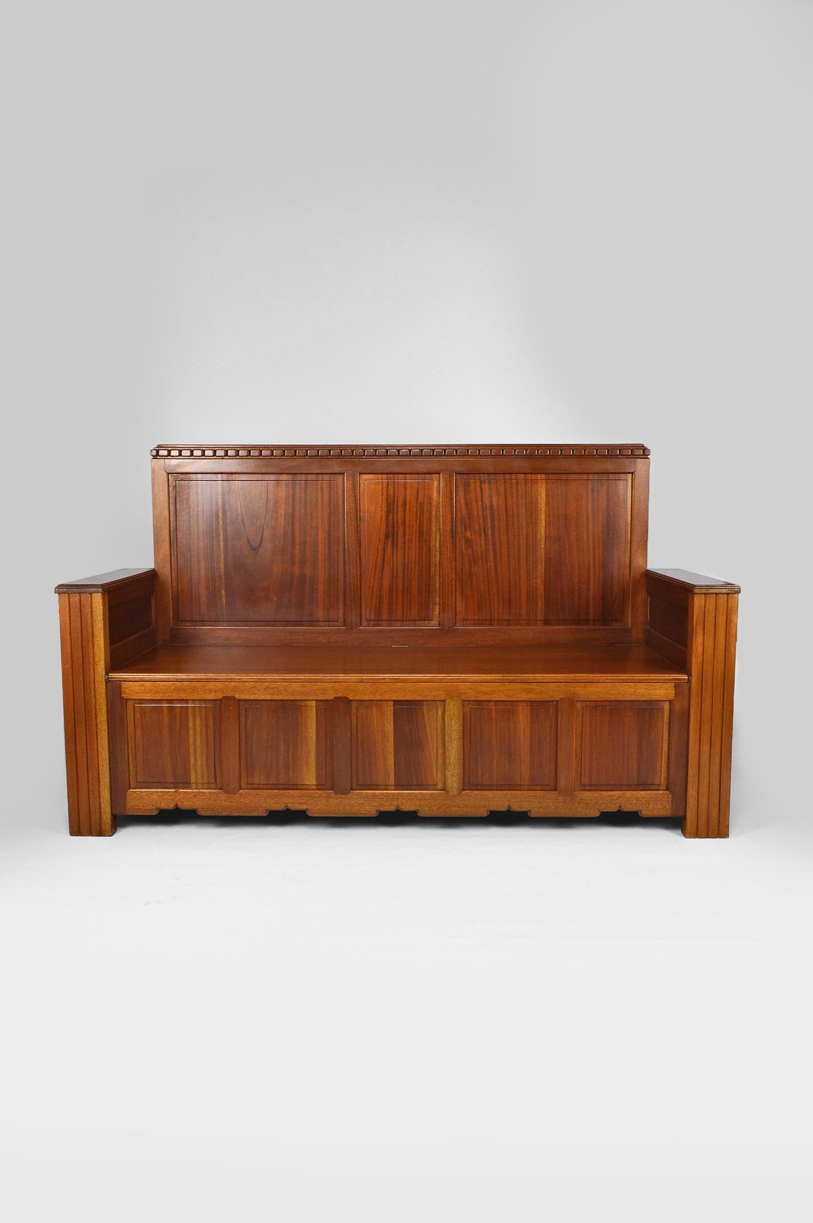French Art Deco Hall Chest Bench by Clement Goyeneche in Mahogany, France, 1930s For Sale