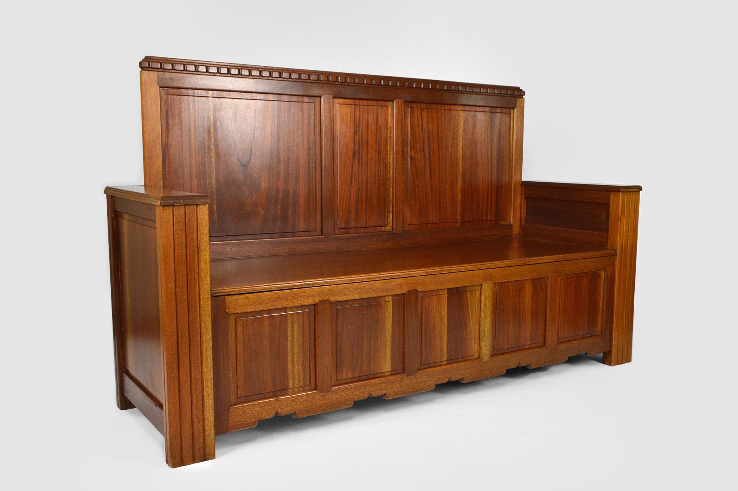 Carved Art Deco Hall Chest Bench by Clement Goyeneche in Mahogany, France, 1930s For Sale