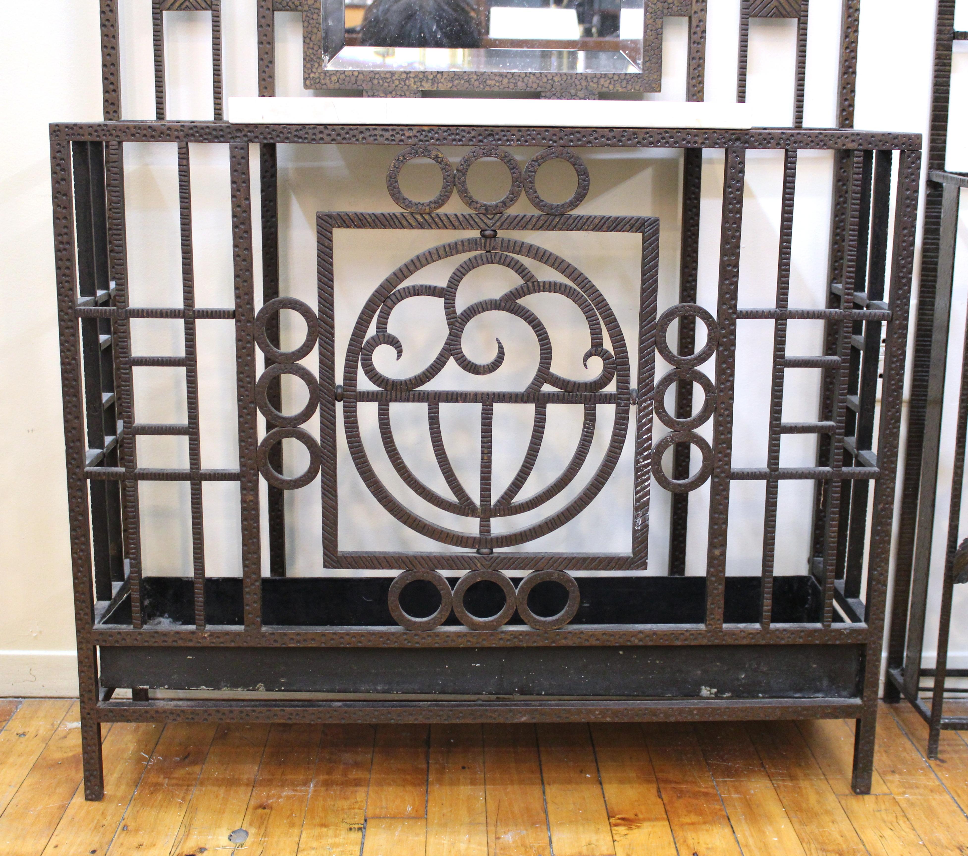 Wrought Iron Art Deco Hall Tree with Mirror and Marble Board