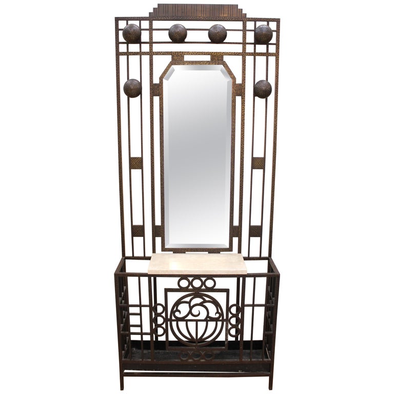 Art Deco Hall Tree with Mirror and Marble Board at 1stDibs