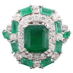 Art Deco Halo Emerald Diamond Engagement Ring, Natural Emerald Diamond Cluster