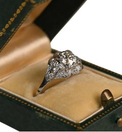Art Deco Platinum Halo Engagement Ring. 0.90ct Old Euro Cut Diamond Ring H VS2