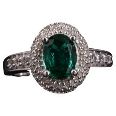 Art Deco Halo Natural Emerald and Diamond Wedding Band, Antique Engagement Ring