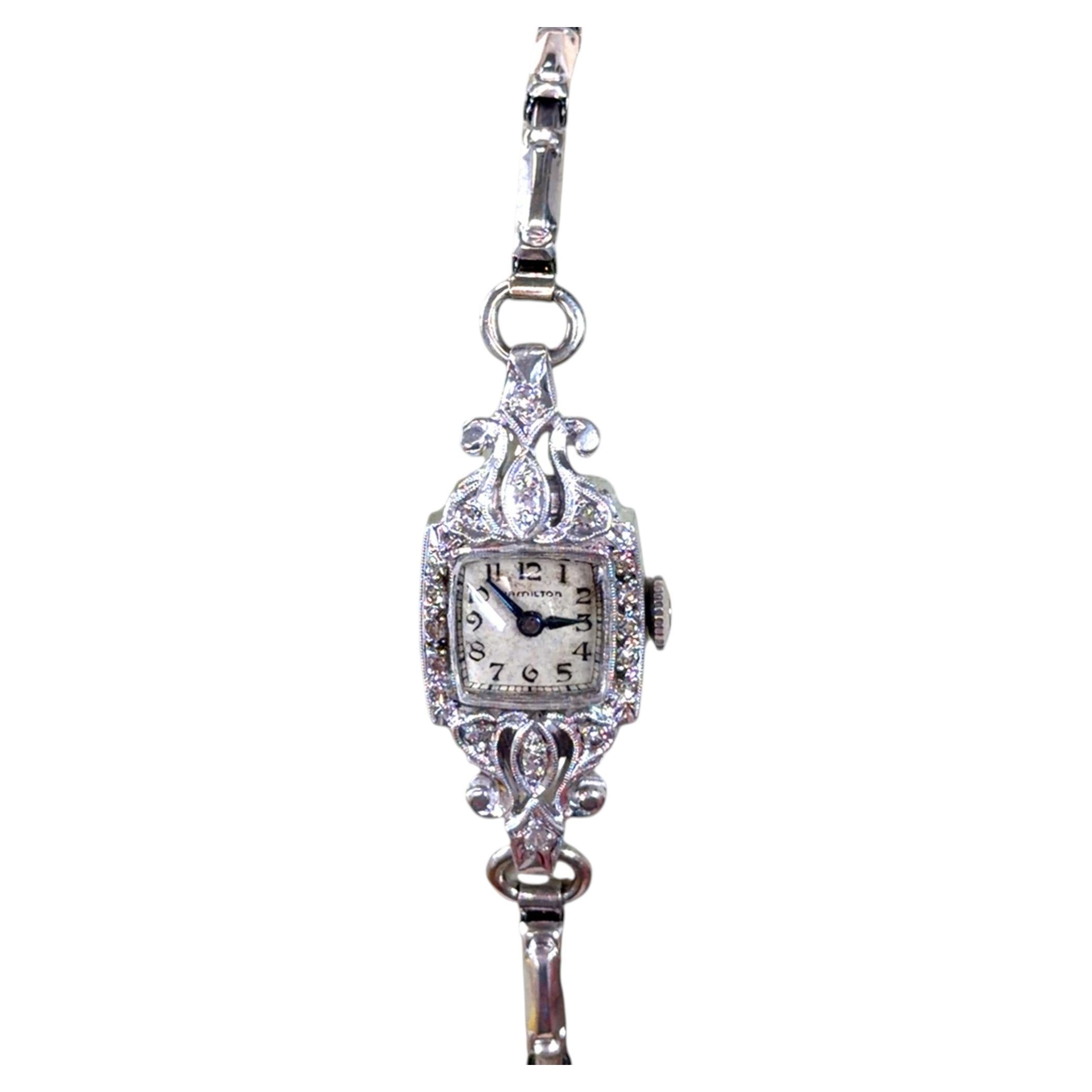 Art Deco Hamilton Diamond Platinum Ladies Wrist Watch Mined 1/3ct Original 1930s
