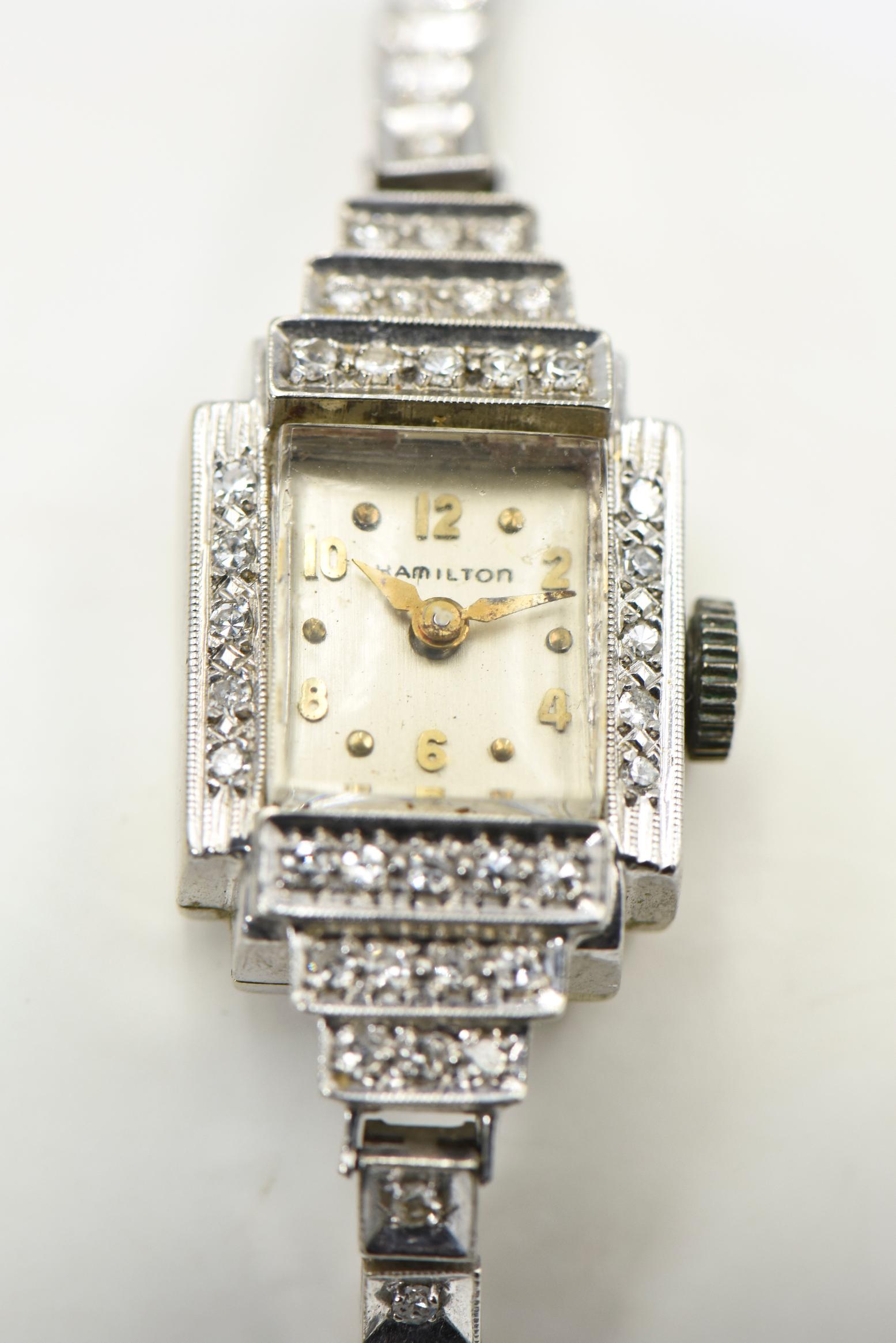 Art Deco Hamilton Ladies Diamond White Gold Dress Watch 3