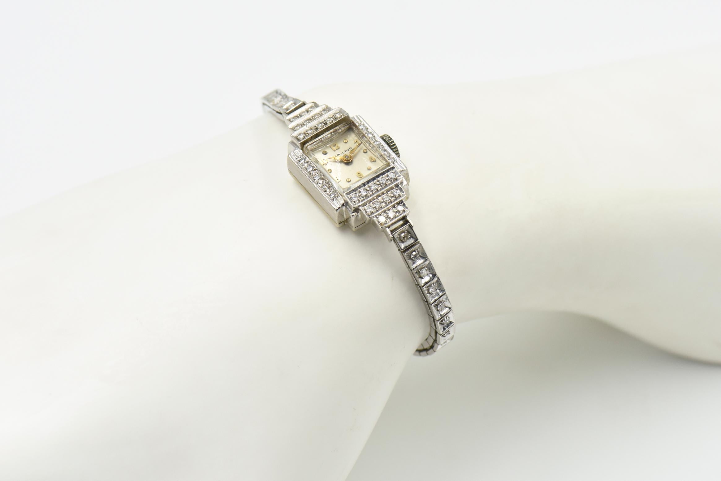 Art Deco Hamilton Ladies Diamond White Gold Dress Watch 2
