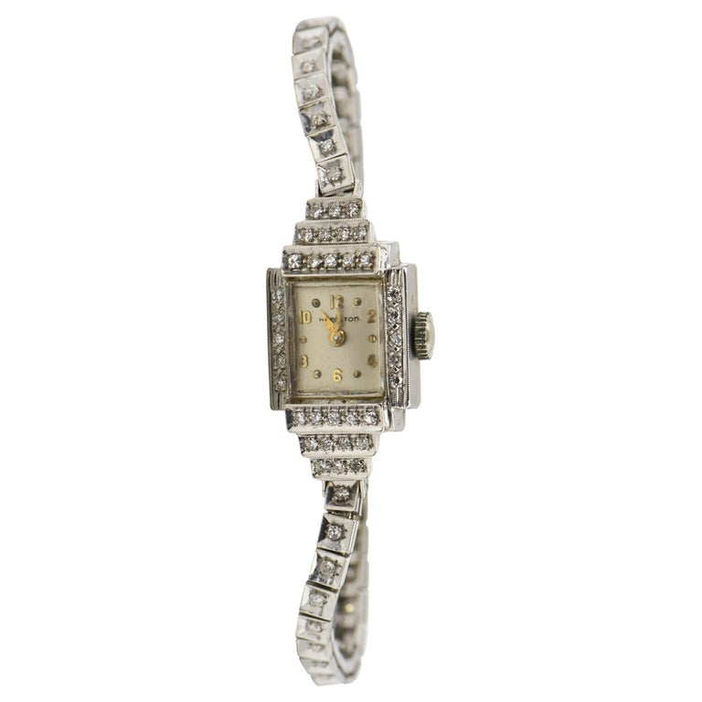 Art Deco Hamilton Ladies Diamond White Gold Dress Watch at 1stDibs