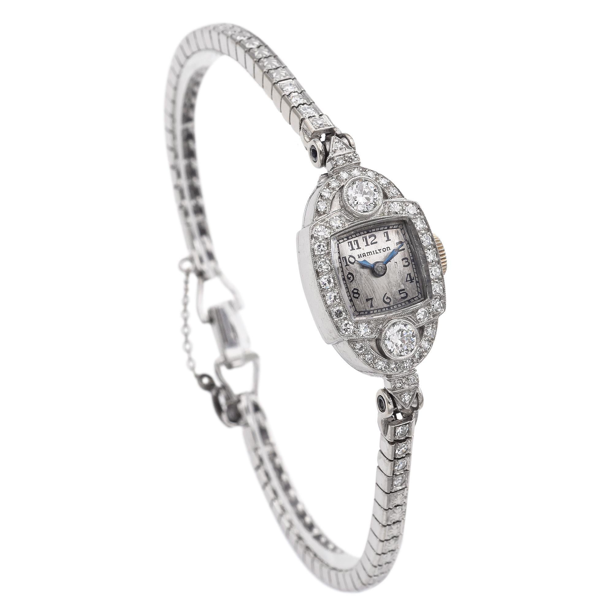 Art Deco Hamilton Platinum and White Gold Diamond Ladies Watch In Good Condition For Sale In New York, NY