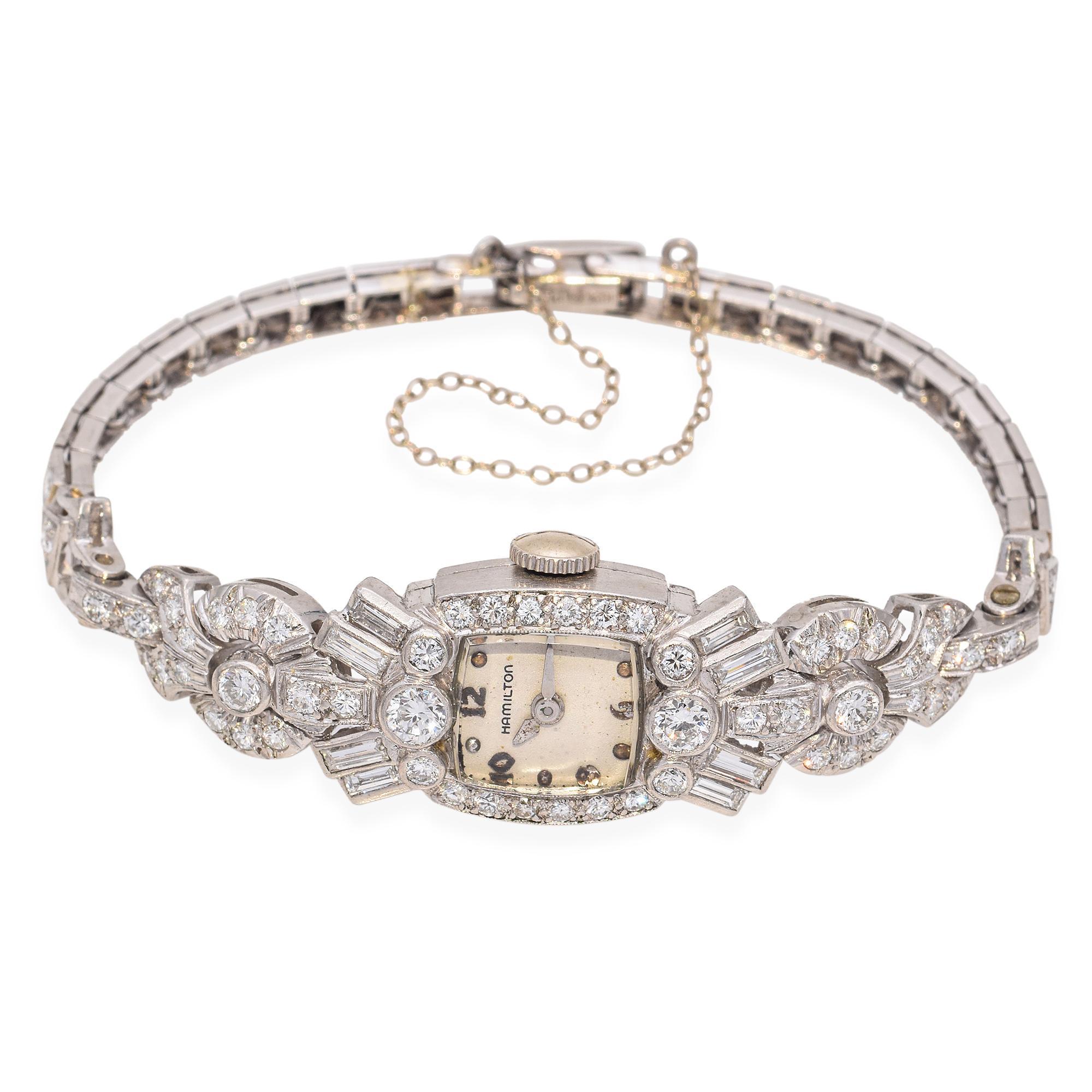 Round Cut Art Deco Hamilton Platinum Diamond Ladies Watch