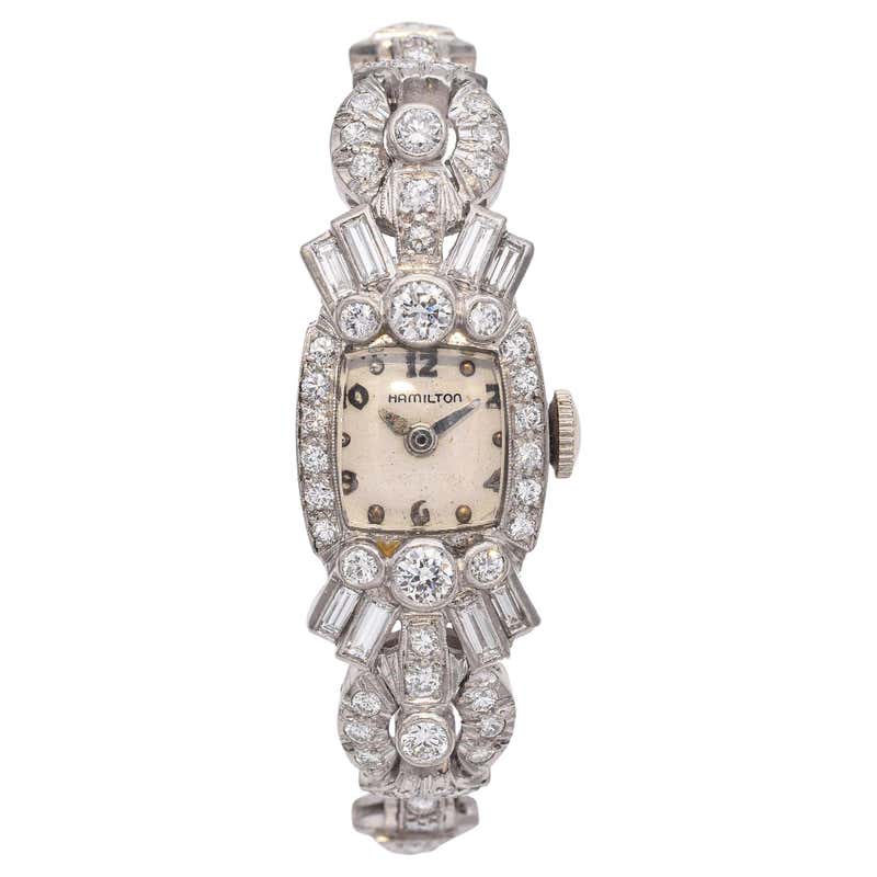 1960s Vintage Hamilton Diamond Platinum Ladies Cocktail Watch For Sale