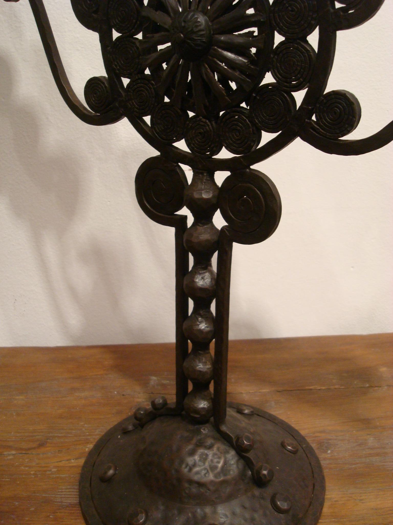 French Art Deco Hammered Iron Menorah in the Manner of Edgar Brandt, 1920s For Sale