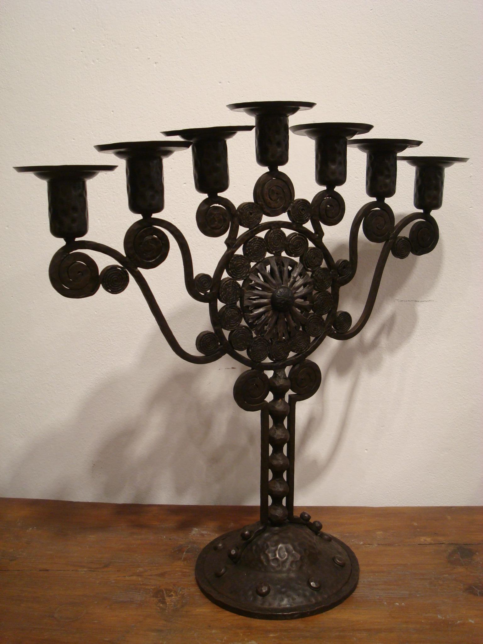 Forged Art Deco Hammered Iron Menorah in the Manner of Edgar Brandt, 1920s For Sale