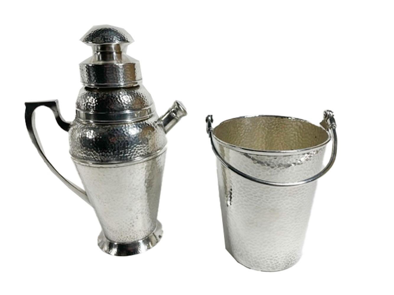 Hammered silver plate Art Deco cocktail shaker and ice bucket marked 