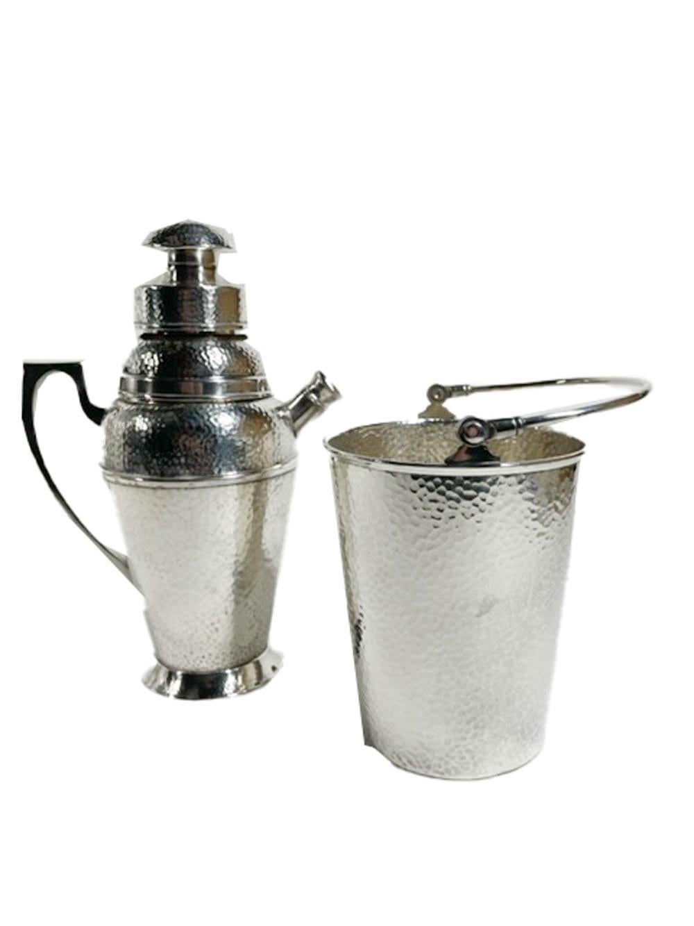 American Art Deco Hammered Silver Plate Cocktail Shaker & Ice Bucket, Bernard Rice's Sons