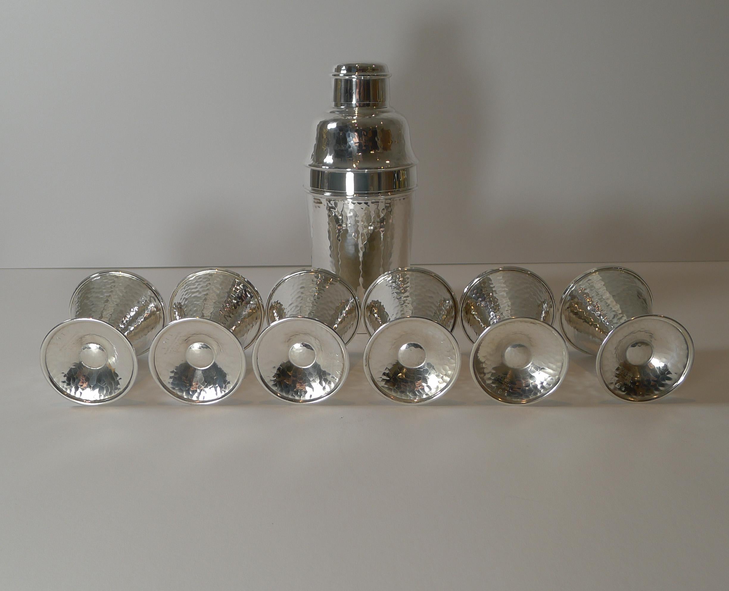 Mid-20th Century Art Deco Hammered Silver Plate Cocktail Shaker / Set c.1930 For Sale