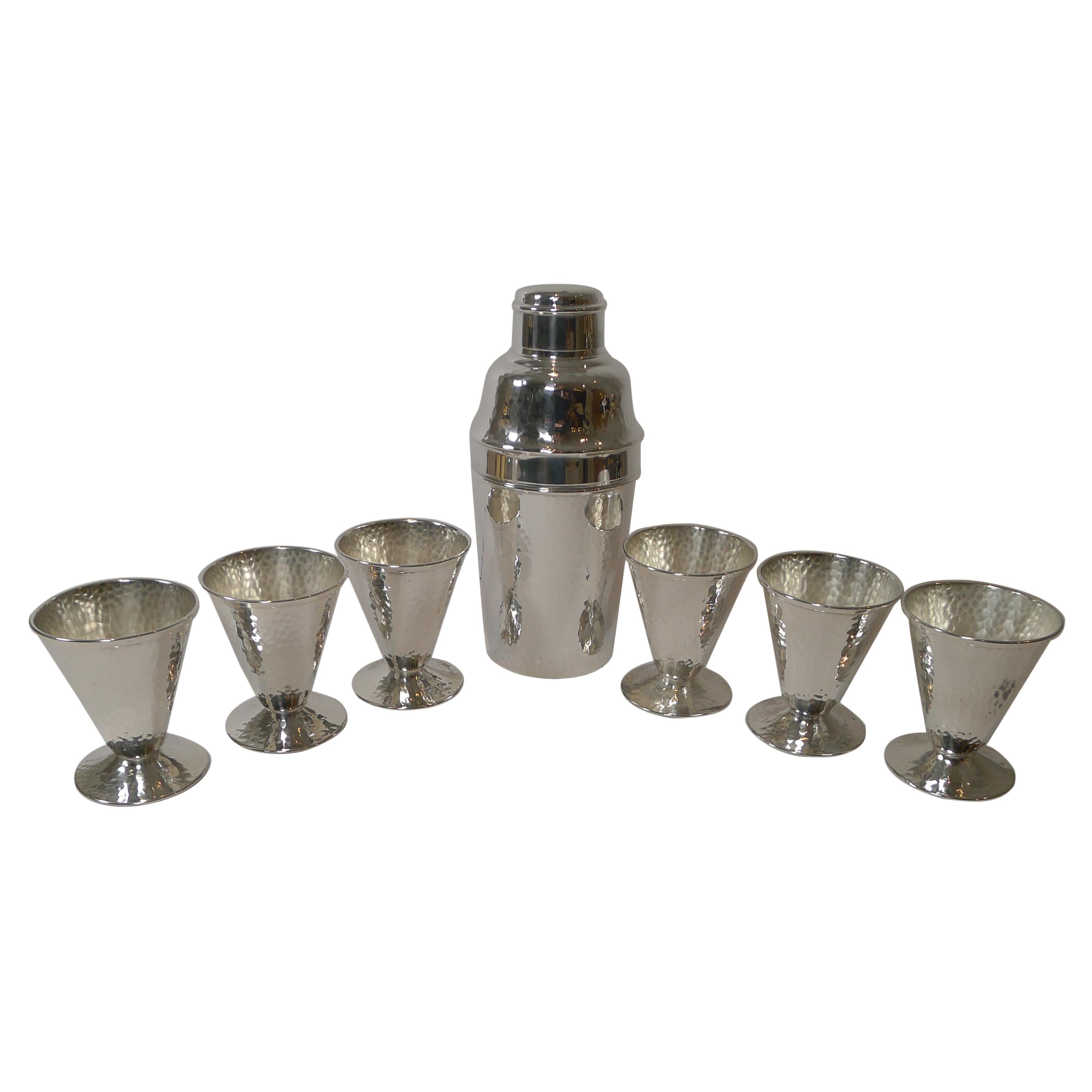 Art Deco Hammered Silver Plate Cocktail Shaker / Set c.1930 For Sale