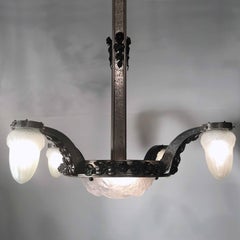 Art Deco Hammered Steel Chandelier with Frosted Glass, France, 1930