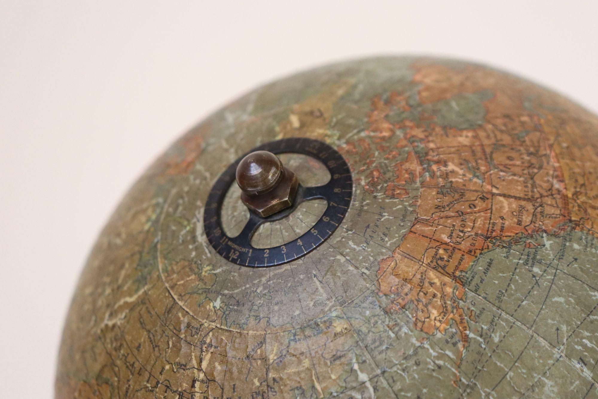 Art Deco Hammonds Six Inch Terrestrial World Globe on Verdigris Cast Metal Base For Sale 9