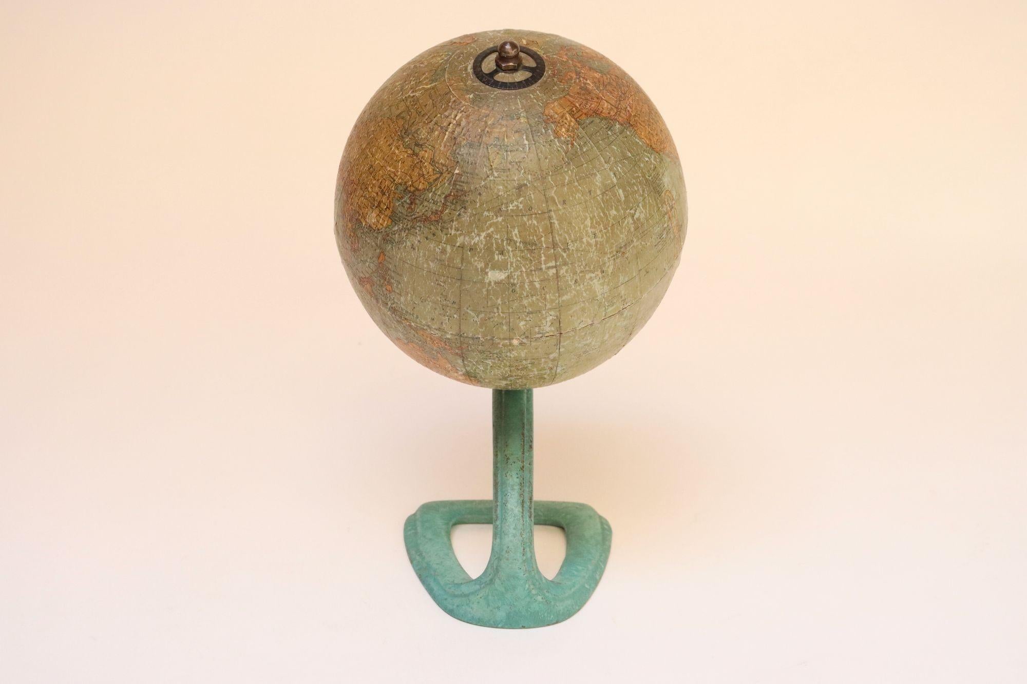 American Art Deco Hammonds Six Inch Terrestrial World Globe on Verdigris Cast Metal Base For Sale