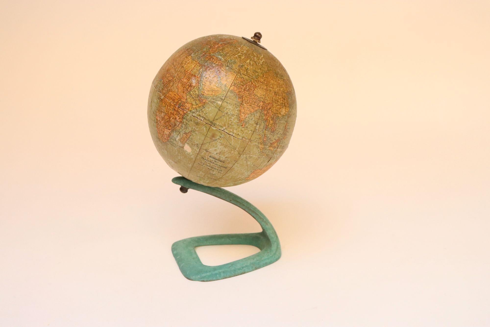 Art Deco Hammonds Six Inch Terrestrial World Globe on Verdigris Cast Metal Base In Good Condition For Sale In Brooklyn, NY