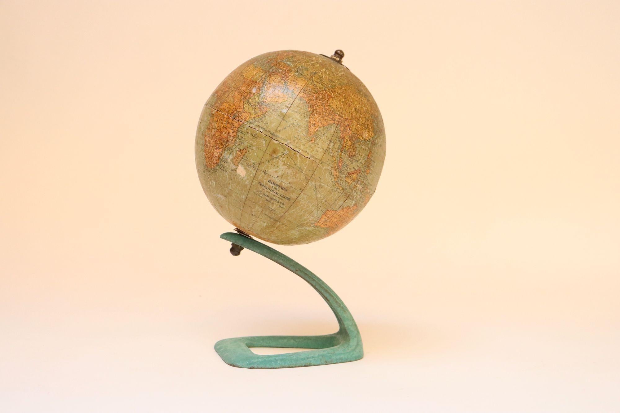 Mid-20th Century Art Deco Hammonds Six Inch Terrestrial World Globe on Verdigris Cast Metal Base For Sale