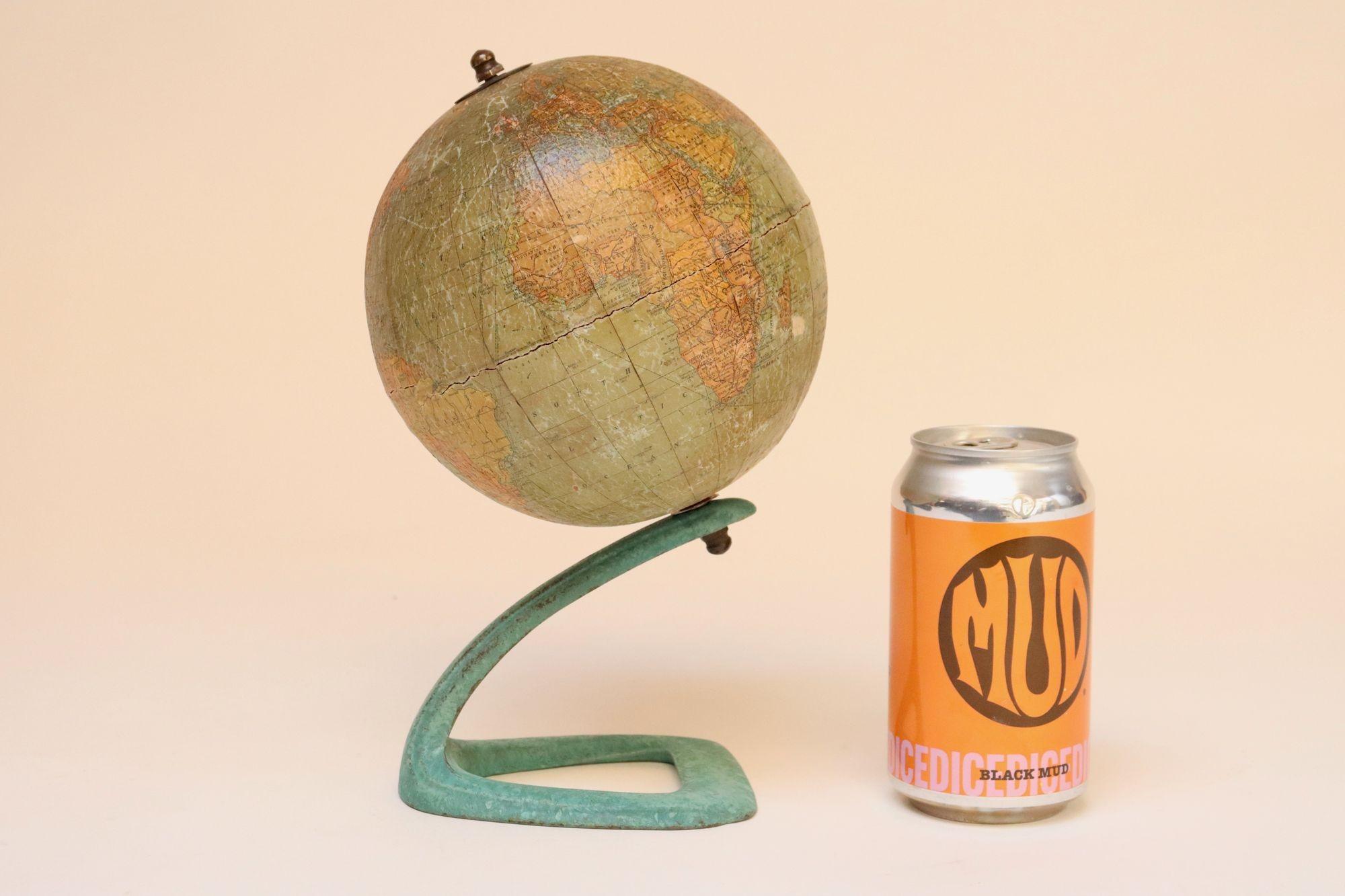Art Deco Hammonds Six Inch Terrestrial World Globe on Verdigris Cast Metal Base For Sale 1