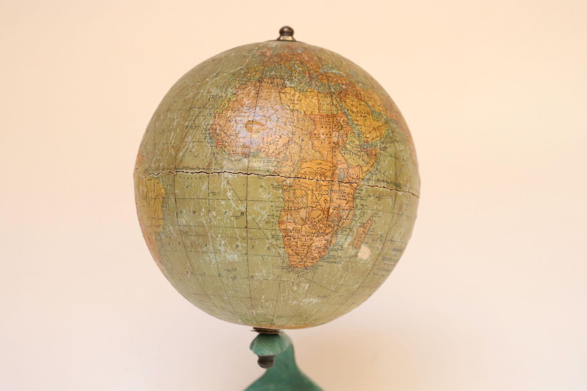 Art Deco Hammonds Six Inch Terrestrial World Globe on Verdigris Cast Metal Base For Sale 2