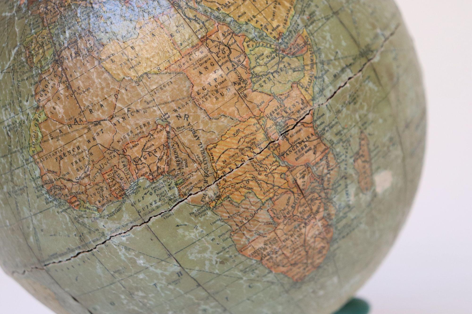Art Deco Hammonds Six Inch Terrestrial World Globe on Verdigris Cast Metal Base For Sale 3