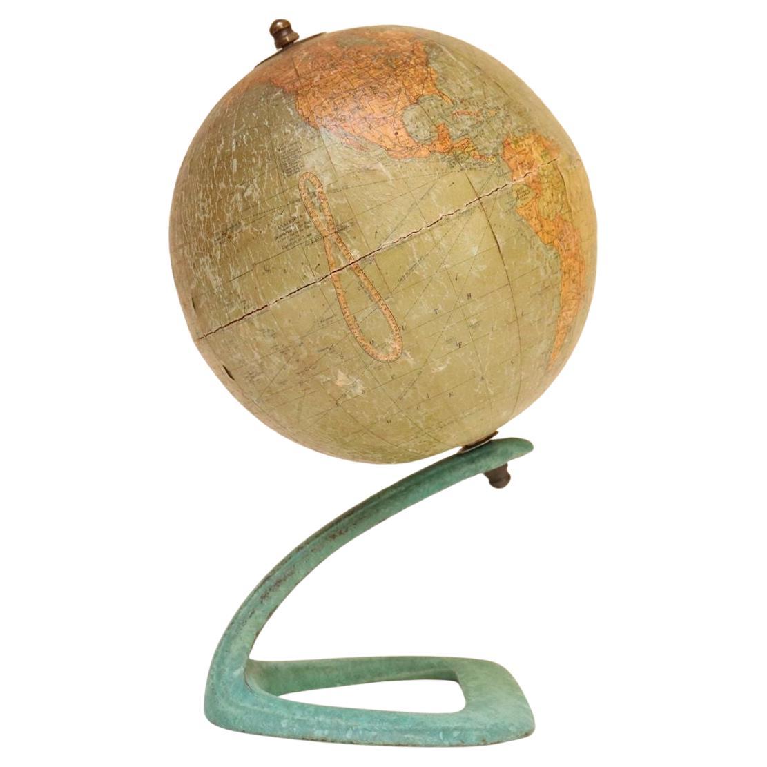 Art Deco Hammonds Six Inch Terrestrial World Globe on Verdigris Cast Metal Base For Sale