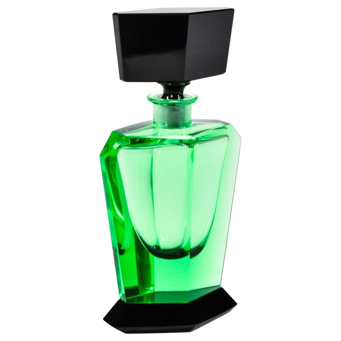 Art Deco Hand Blown Crystal Perfume Bottle Apple Green 
Polished Black Stopper