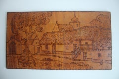 Art deco hand-burned woodblock print, pyrography, circa 1920's.