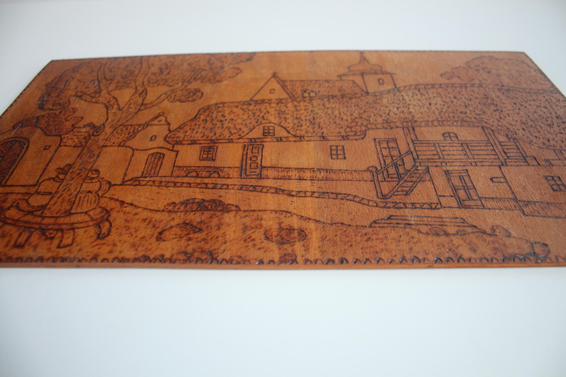 Gravure sur bois brûlé à la main, pyrogravure, circa 1920. Bon état - En vente à Praha, CZ