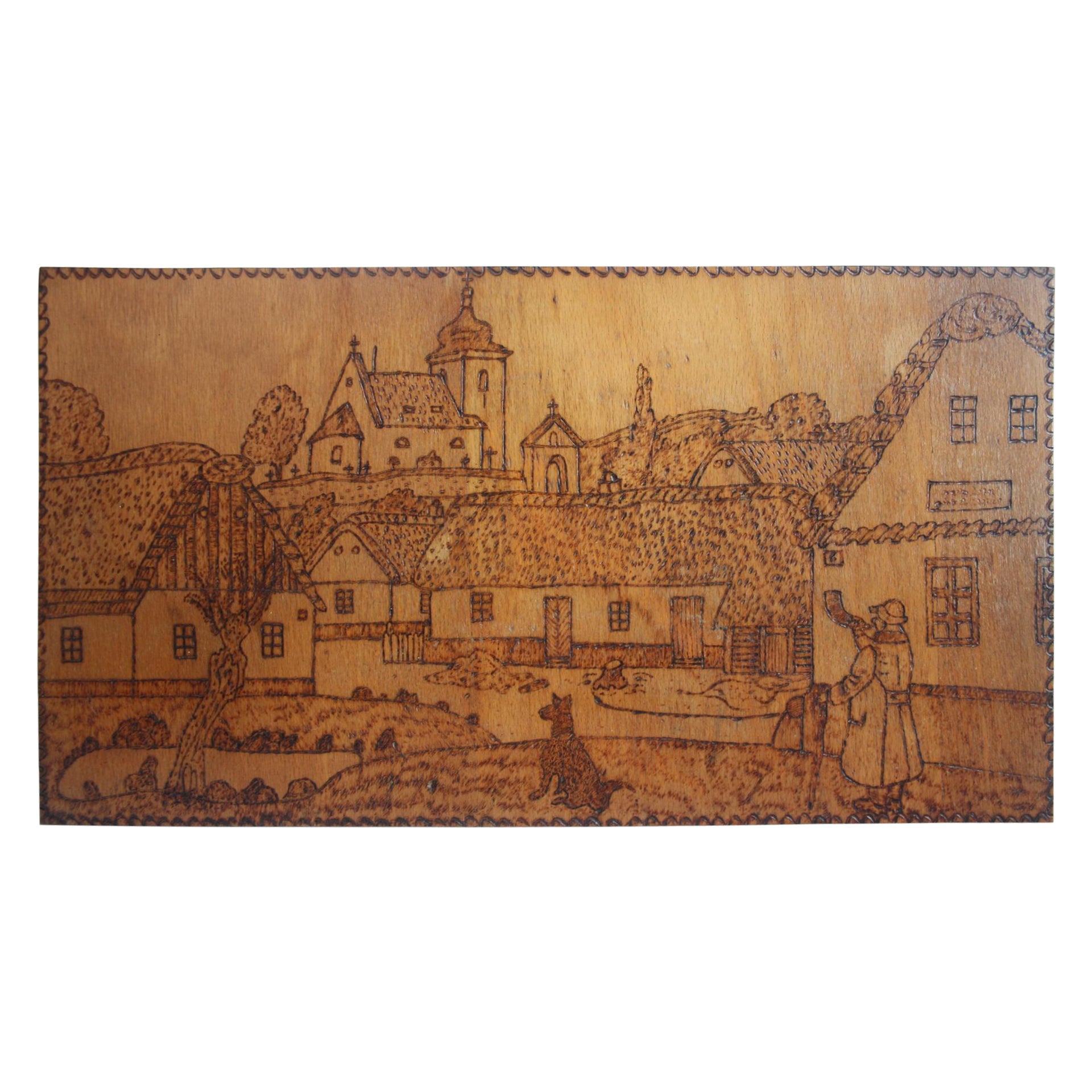 Gravure sur bois brûlé à la main, pyrogravure, circa 1920.