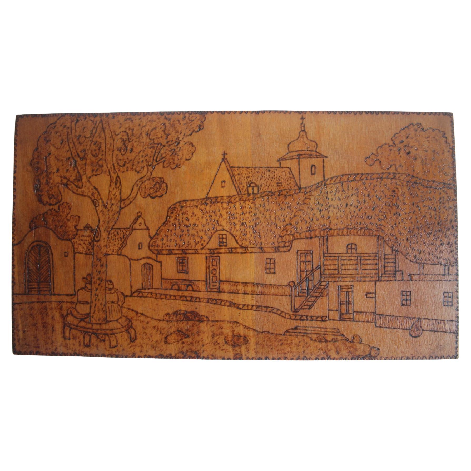 Gravure sur bois brûlé à la main, pyrogravure, circa 1920. en vente