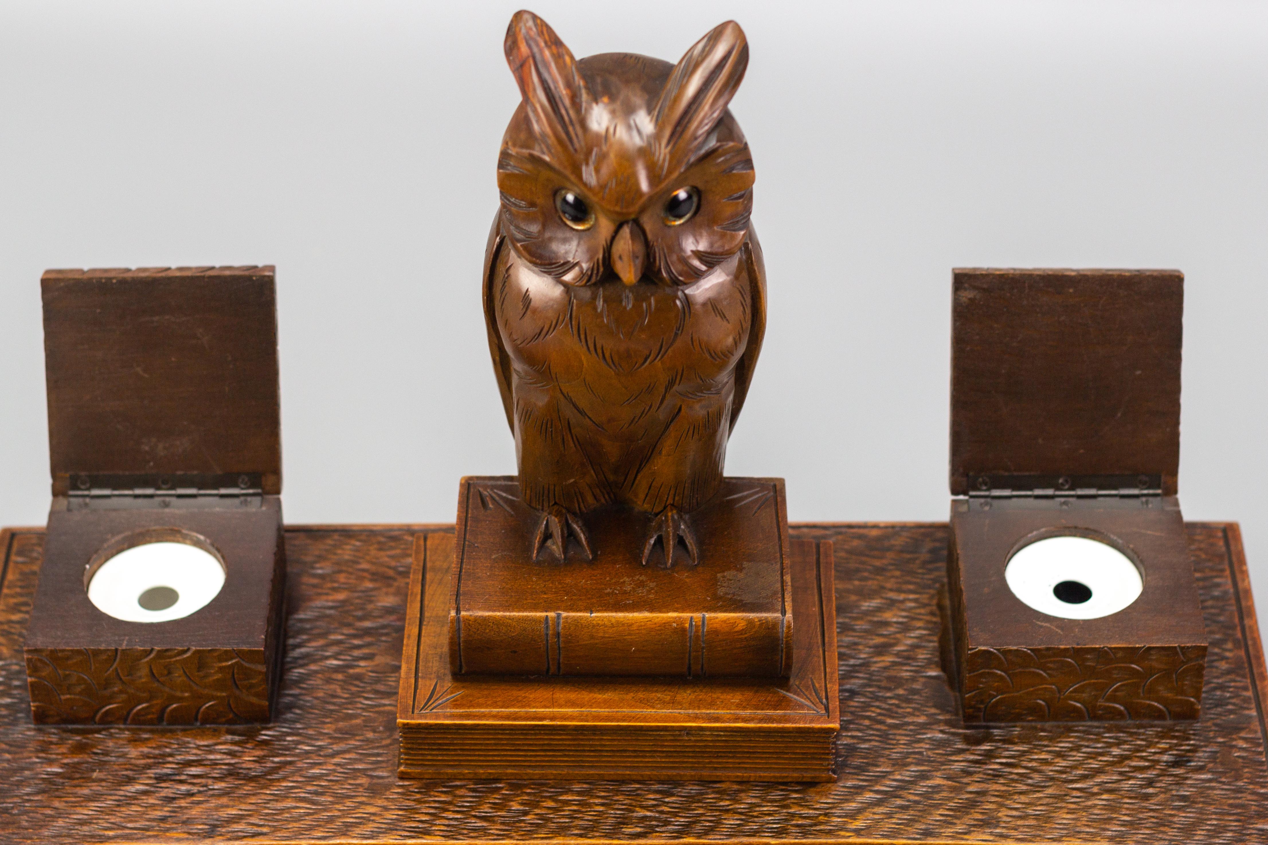 Art Deco Hand-Carved Book-Shaped Wooden Inkwell with Owl Figure, 1930s 6