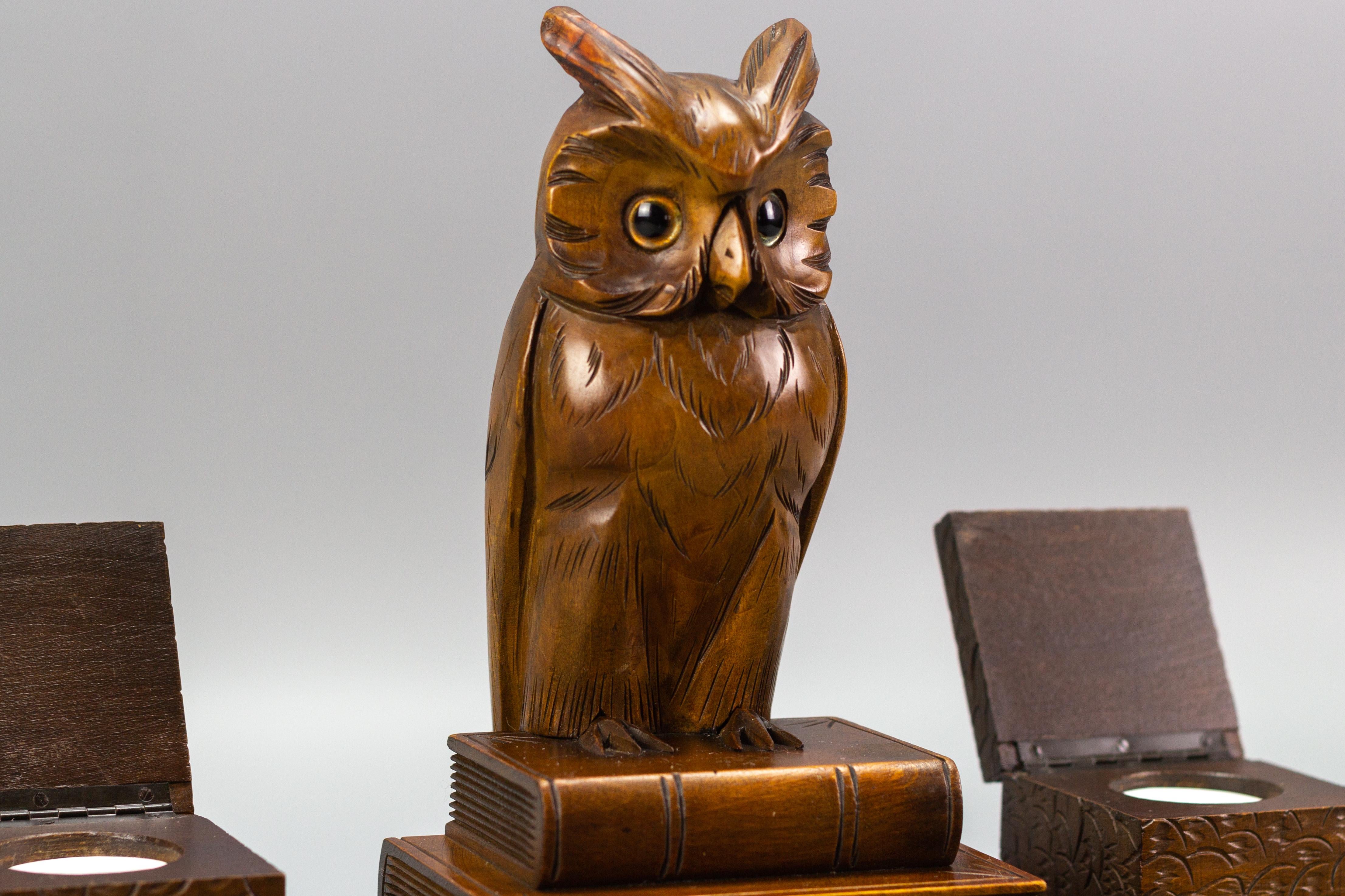 Art Deco Hand-Carved Book-Shaped Wooden Inkwell with Owl Figure, 1930s 7