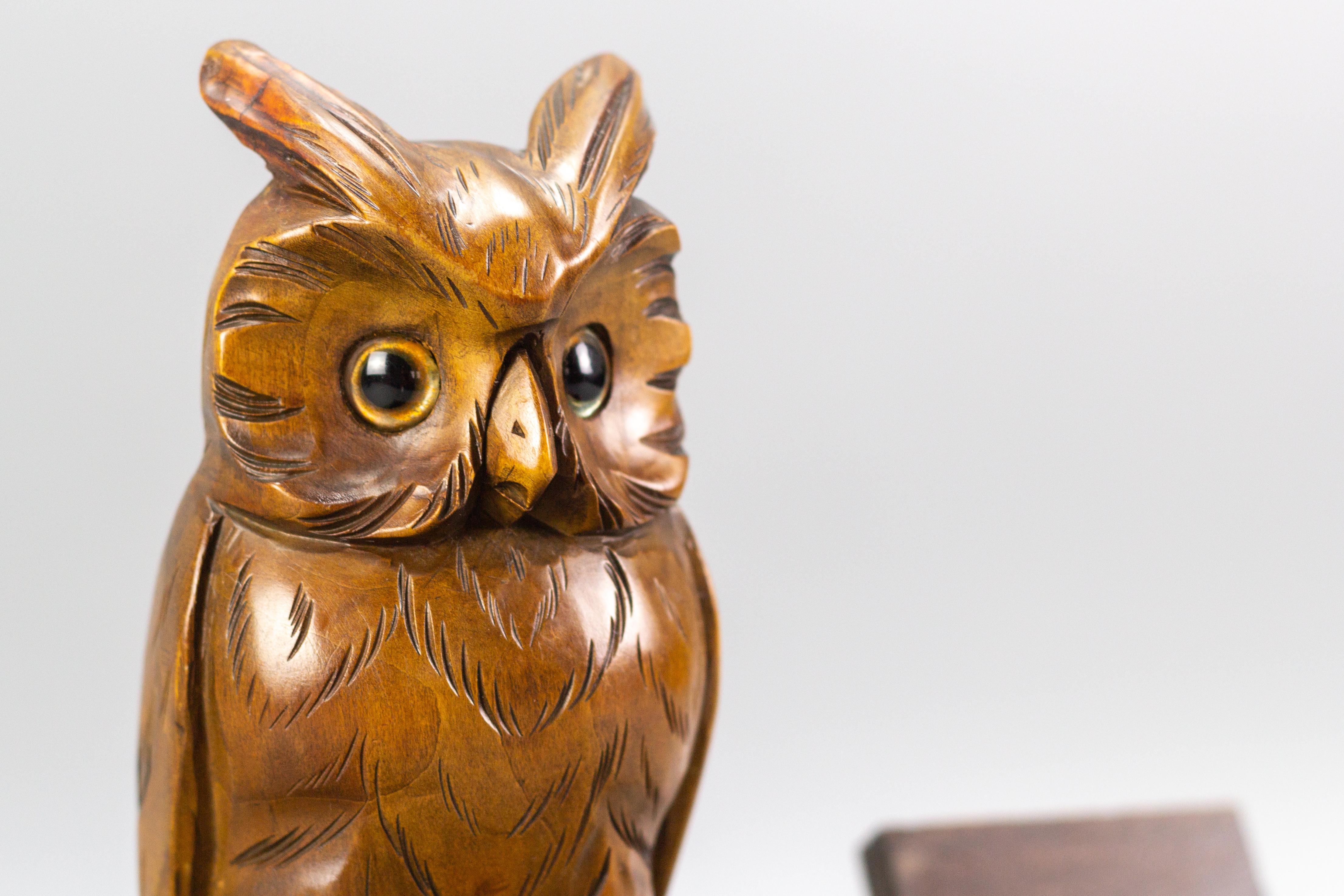 Art Deco Hand-Carved Book-Shaped Wooden Inkwell with Owl Figure, 1930s 8