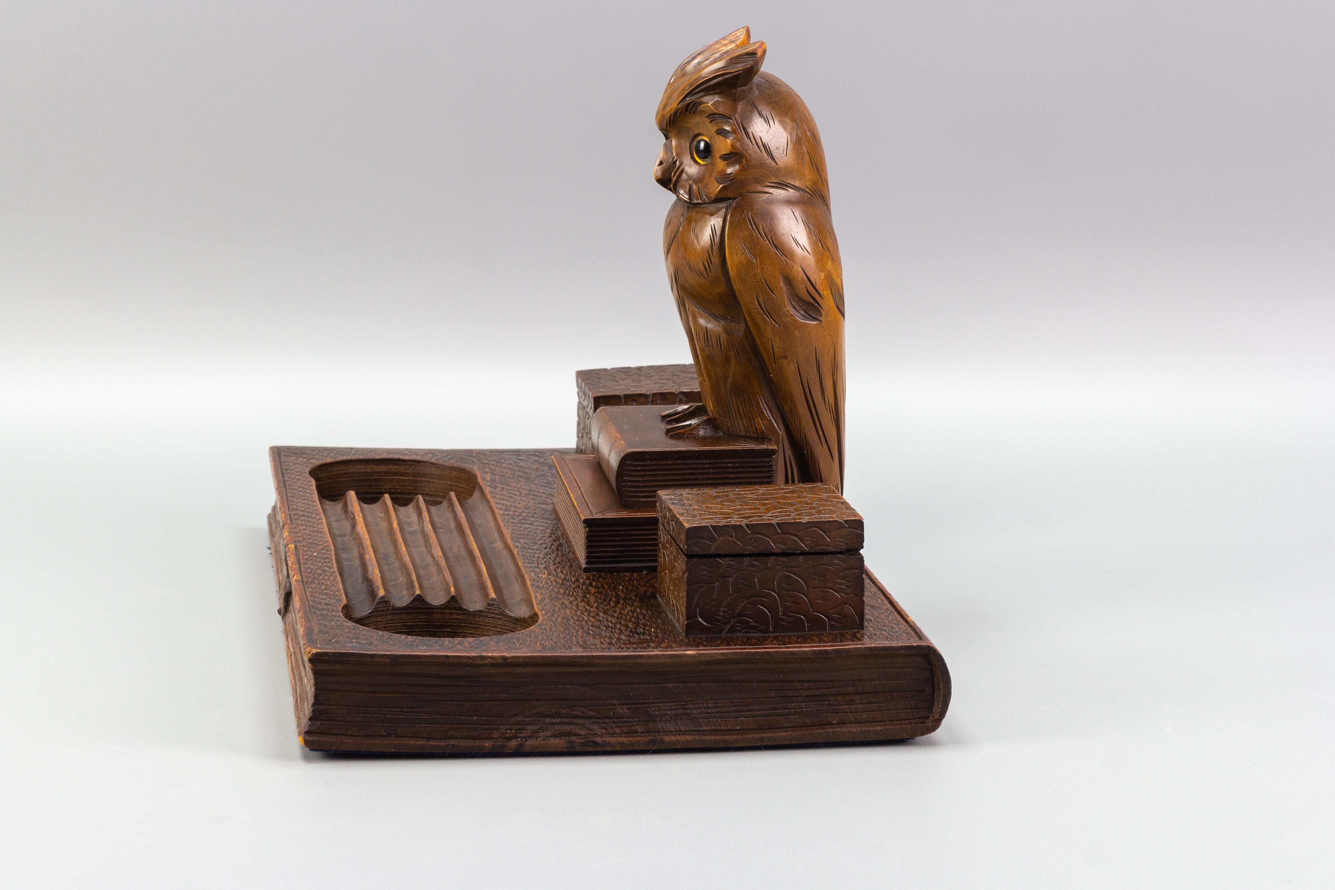 Art Deco Hand-Carved Book-Shaped Wooden Inkwell with Owl Figure, 1930s 9