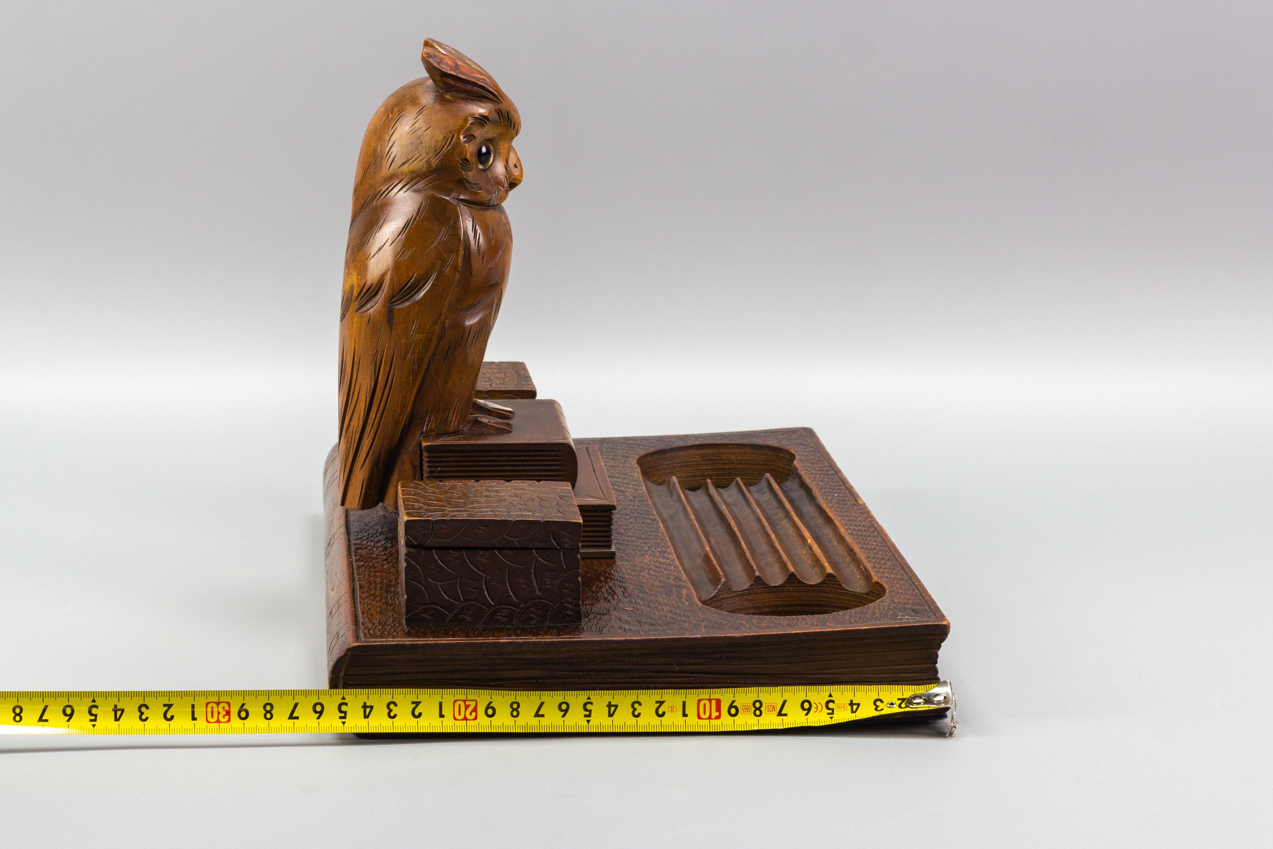 Art Deco Hand-Carved Book-Shaped Wooden Inkwell with Owl Figure, 1930s 10