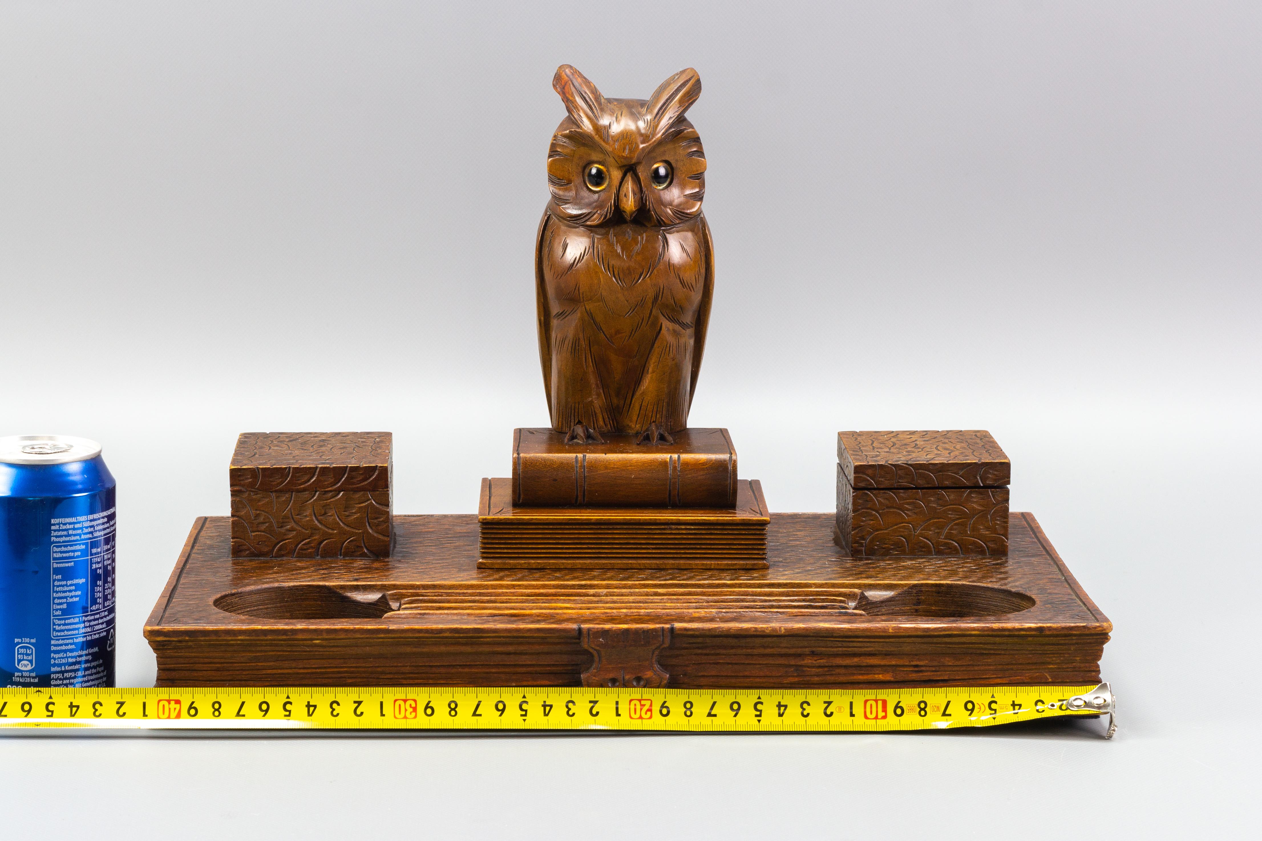 Art Deco Hand-Carved Book-Shaped Wooden Inkwell with Owl Figure, 1930s 12