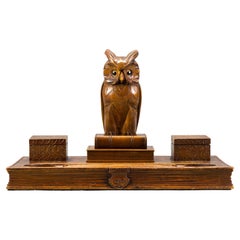 Art Deco Hand-Carved Book-Shaped Wooden Inkwell with Owl Figure, 1930s