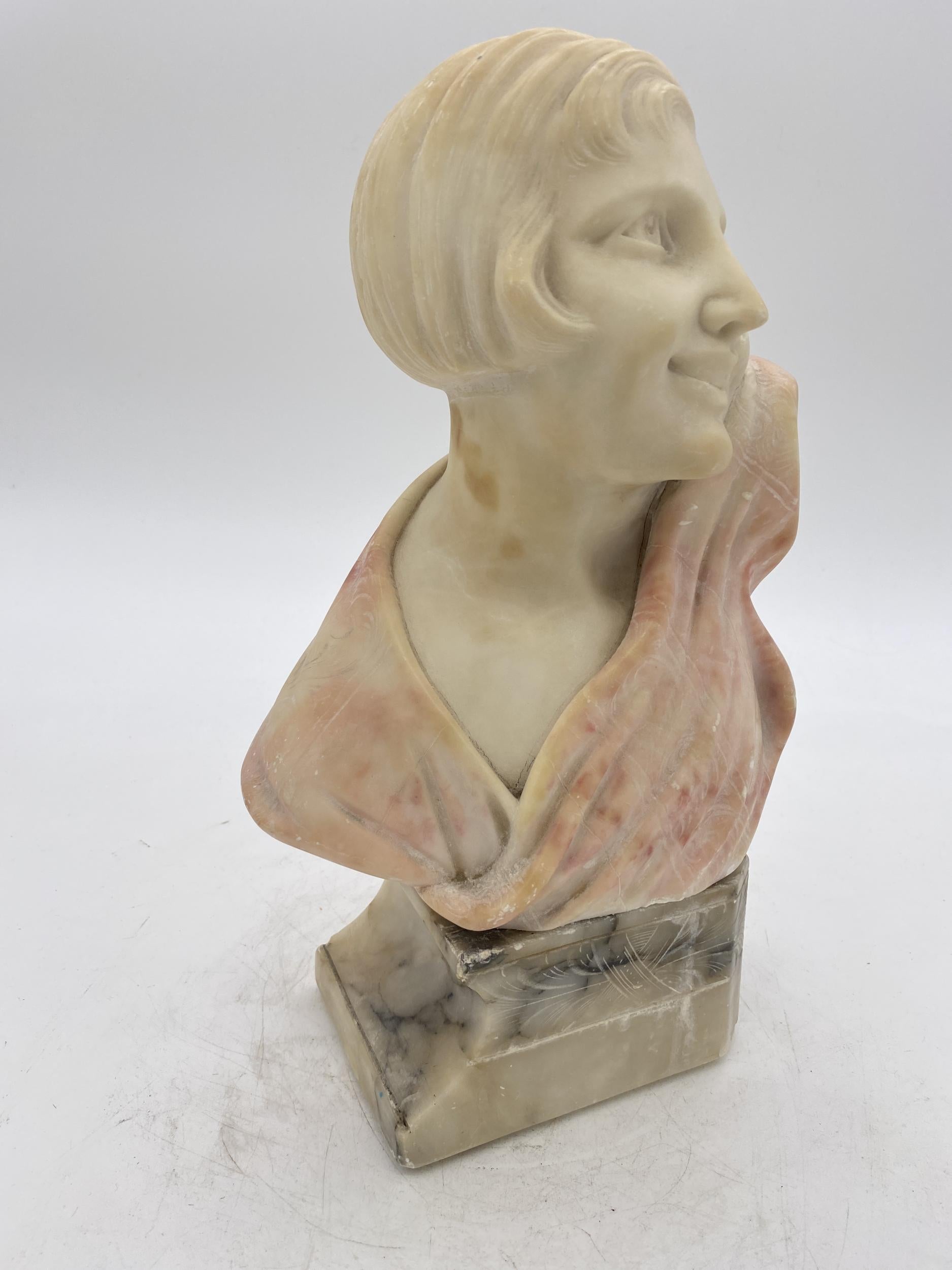 American Art Deco Hand Carved Female Flapper Girl Alabaster Bust, Unsigned For Sale