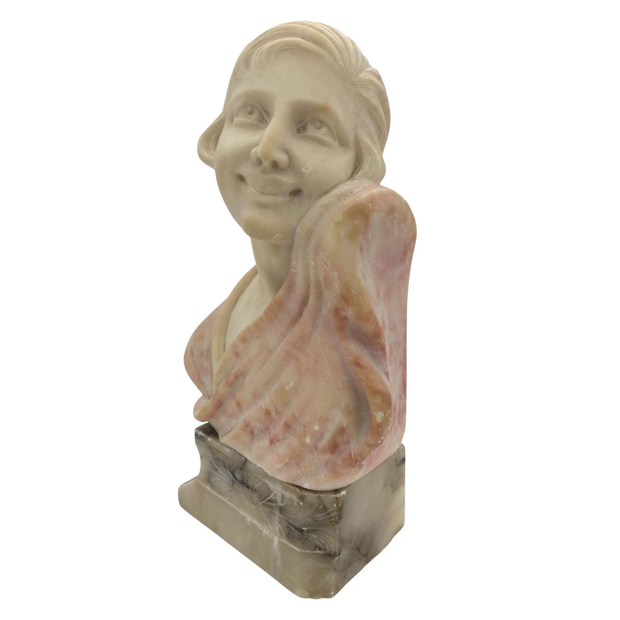 American Art Deco Hand Carved Female Flapper Girl Alabaster Bust, Unsigned For Sale