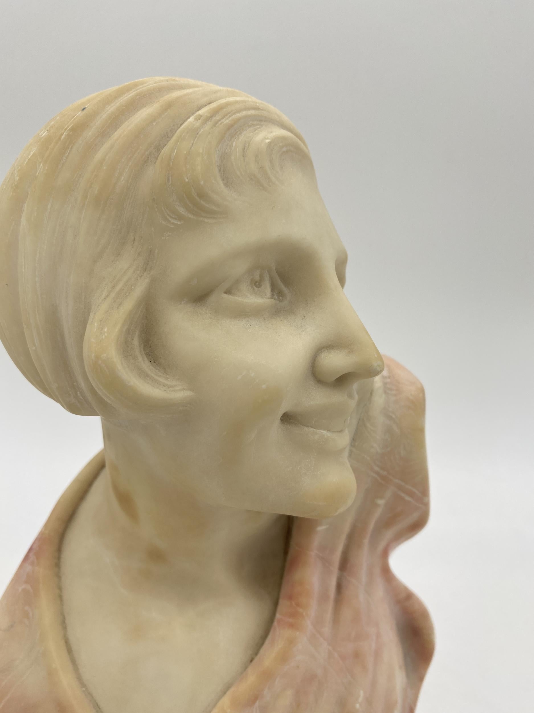 Art Deco Hand Carved Female Flapper Girl Alabaster Bust, Unsigned In Excellent Condition For Sale In Van Nuys, CA