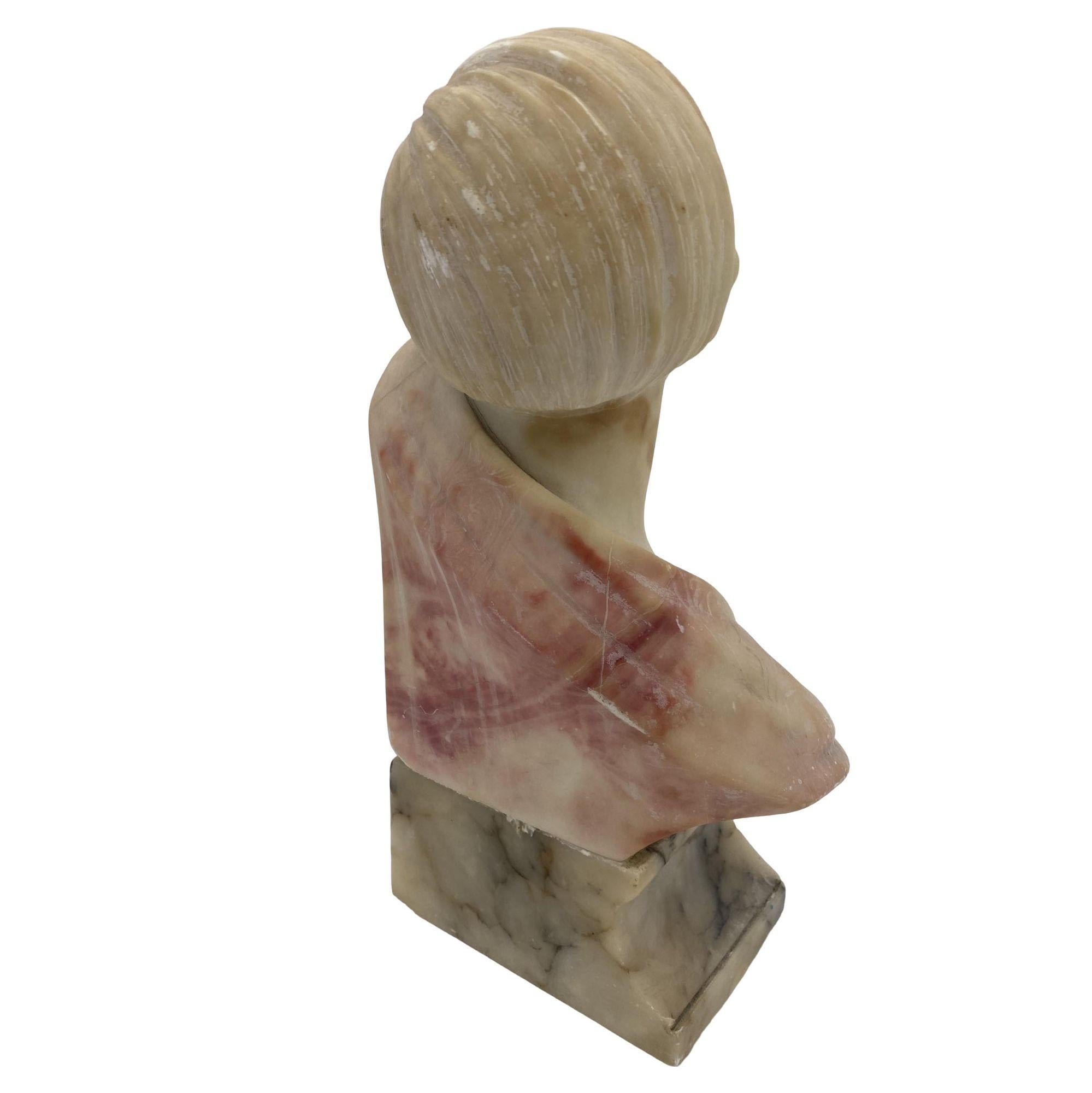 Art Deco Hand Carved Female Flapper Girl Alabaster Bust, Unsigned In Excellent Condition For Sale In Van Nuys, CA