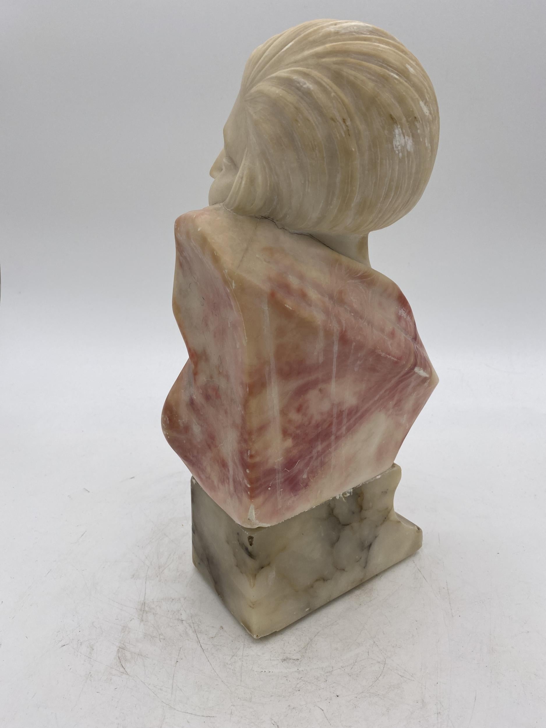 Mid-20th Century Art Deco Hand Carved Female Flapper Girl Alabaster Bust, Unsigned For Sale