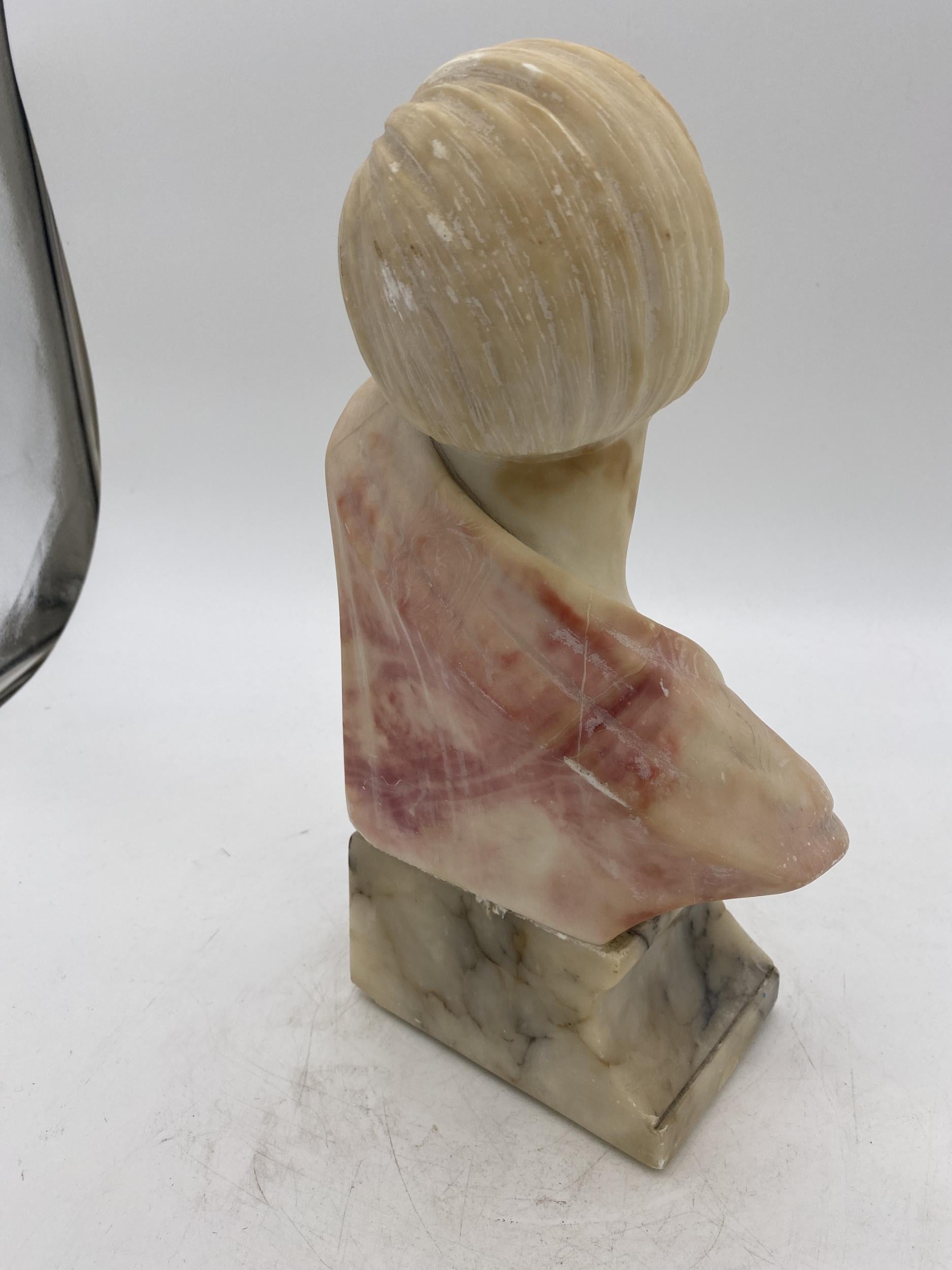 Art Deco Hand Carved Female Flapper Girl Alabaster Bust, Unsigned For Sale 1
